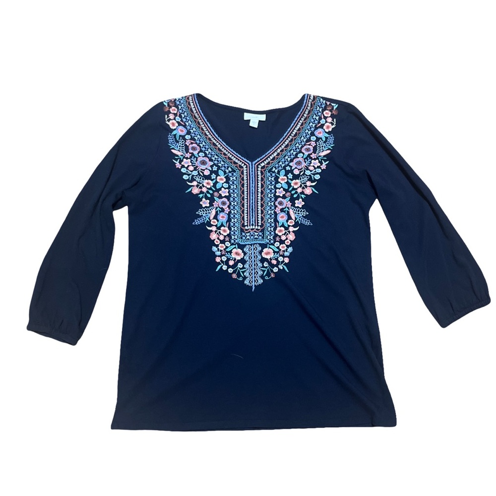 J. Jill Navy Blue Tunic Top with Floral Embroidery Size S - Picture 1 of 8